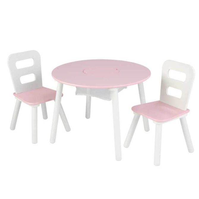 Round Storage Table & 2 Chair Set - Pink & White - Image 10
