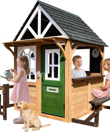 Kids Playhouse Outdoor, Wooden Play House Playset with Kitchen, Fence, Bench, Dog Door, Doorbell & Flower Pot,Fun Backyard Cottage for Ages 3-8 (Green)