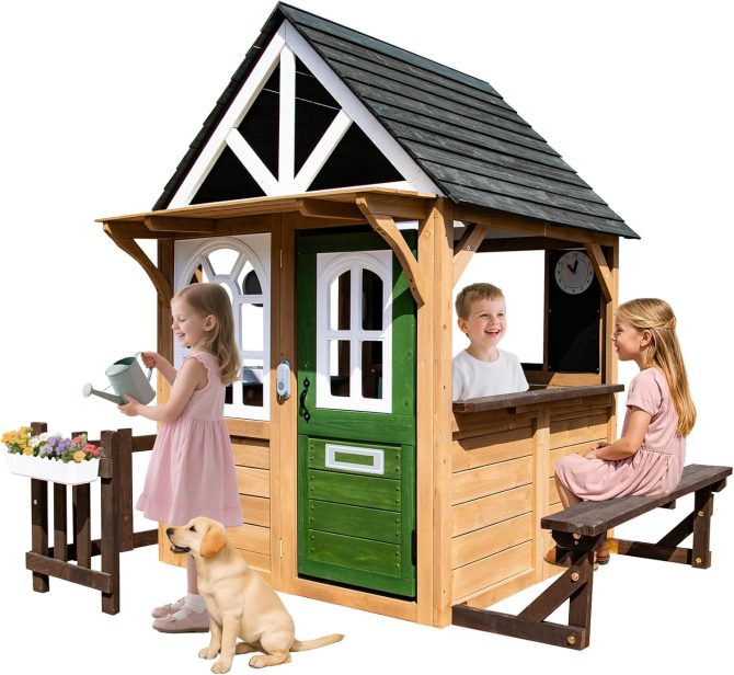 Kids Playhouse Outdoor, Wooden Play House Playset with Kitchen, Fence, Bench, Dog Door, Doorbell & Flower Pot,Fun Backyard Cottage for Ages 3-8 (Green)