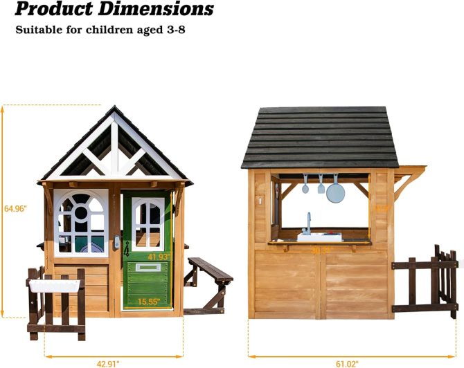 Kids Playhouse Outdoor, Wooden Play House Playset with Kitchen, Fence, Bench, Dog Door, Doorbell & Flower Pot,Fun Backyard Cottage for Ages 3-8 (Green) - Image 5