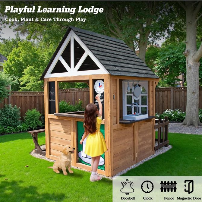 Kids Playhouse Outdoor, Wooden Play House Playset with Kitchen, Fence, Bench, Dog Door, Doorbell & Flower Pot,Fun Backyard Cottage for Ages 3-8 (Green) - Image 7
