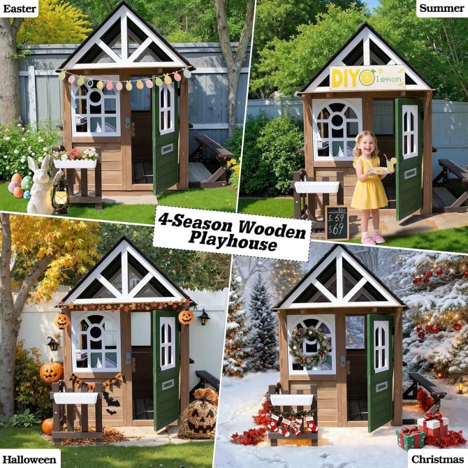 Kids Playhouse Outdoor, Wooden Play House Playset with Kitchen, Fence, Bench, Dog Door, Doorbell & Flower Pot,Fun Backyard Cottage for Ages 3-8 (Green) - Image 4