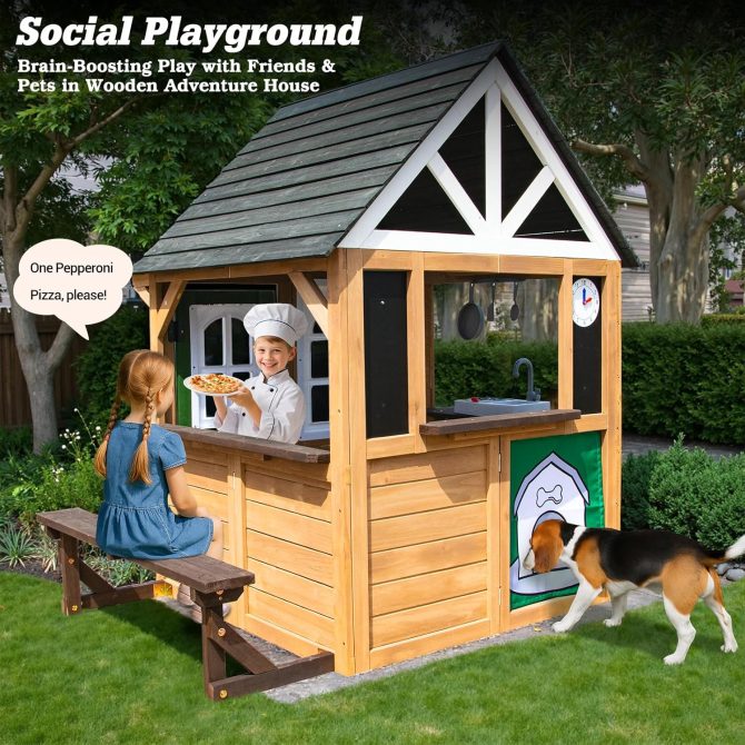 Kids Playhouse Outdoor, Wooden Play House Playset with Kitchen, Fence, Bench, Dog Door, Doorbell & Flower Pot,Fun Backyard Cottage for Ages 3-8 (Green) - Image 2